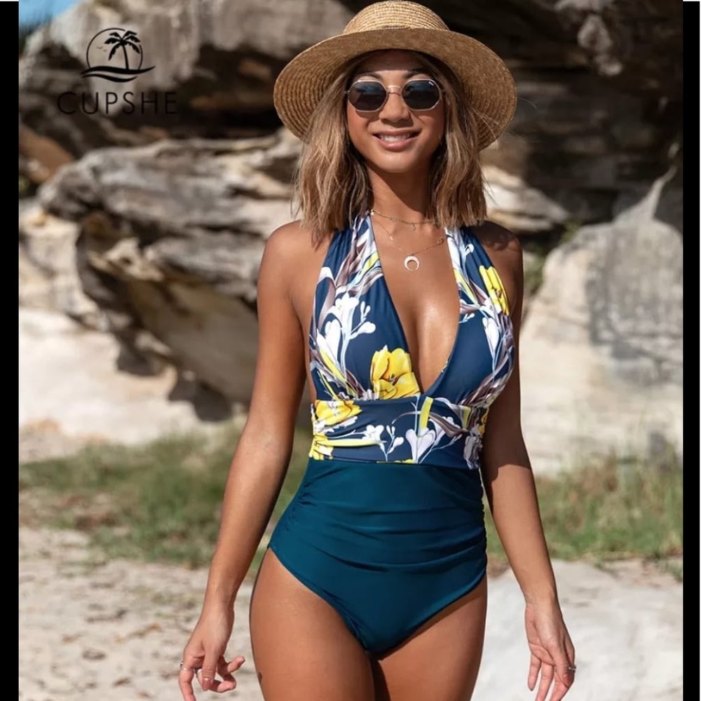 Navy floral deep v-neck backless women monokini one-piece sexy halter #16